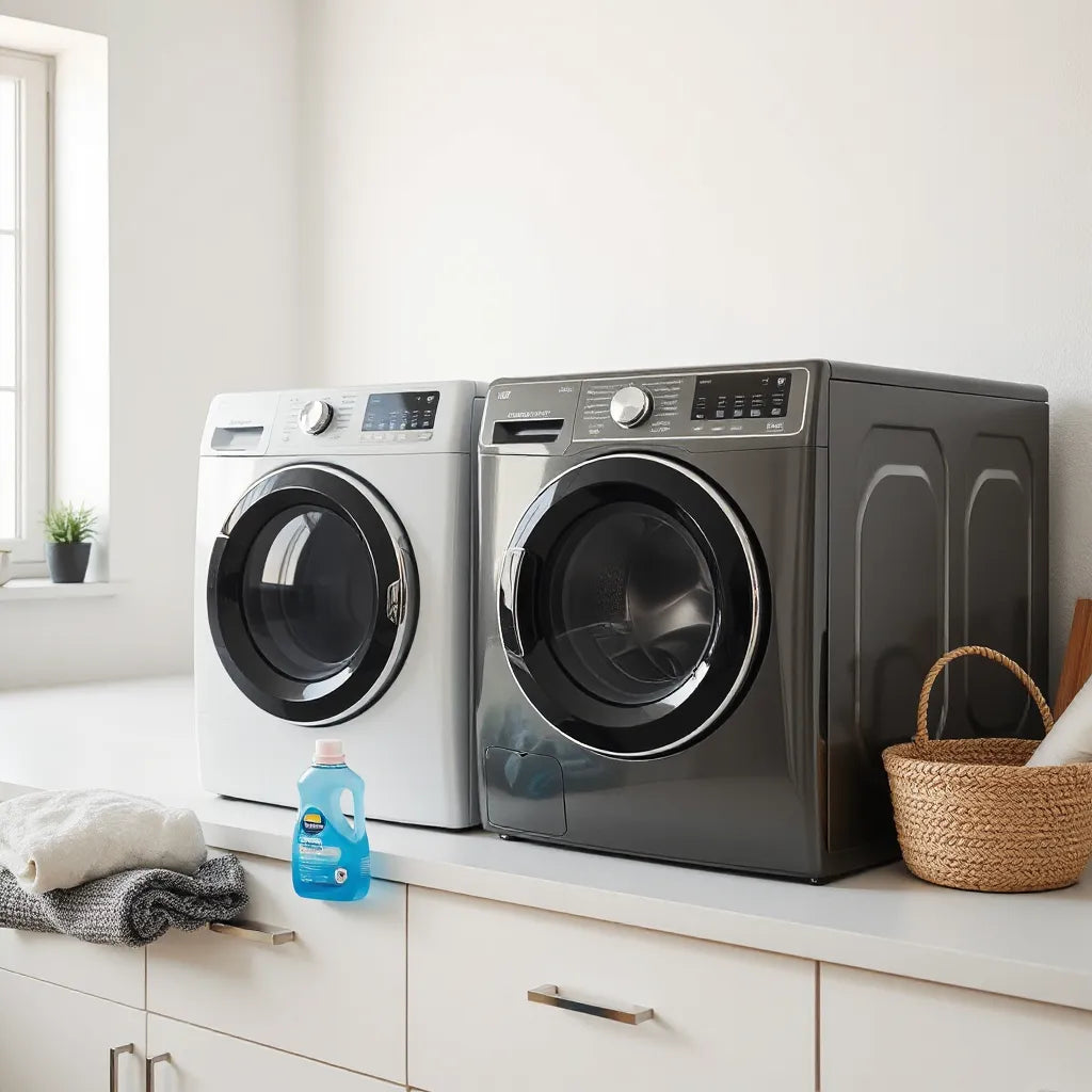 Modern front-load washing machines in a clean laundry room with neatly arranged accessories