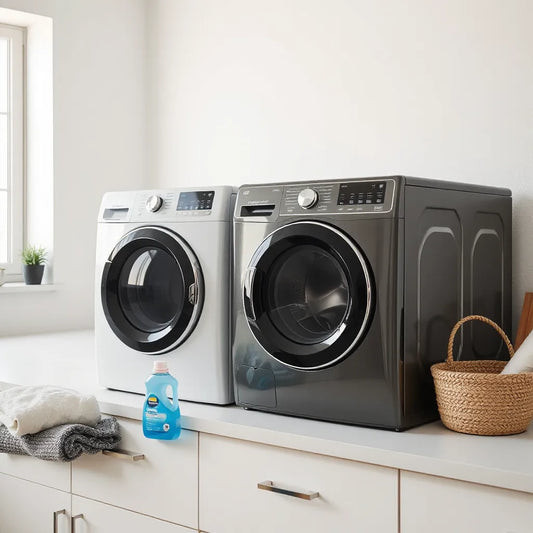 Modern front-load washing machines in a clean laundry room with neatly arranged accessories