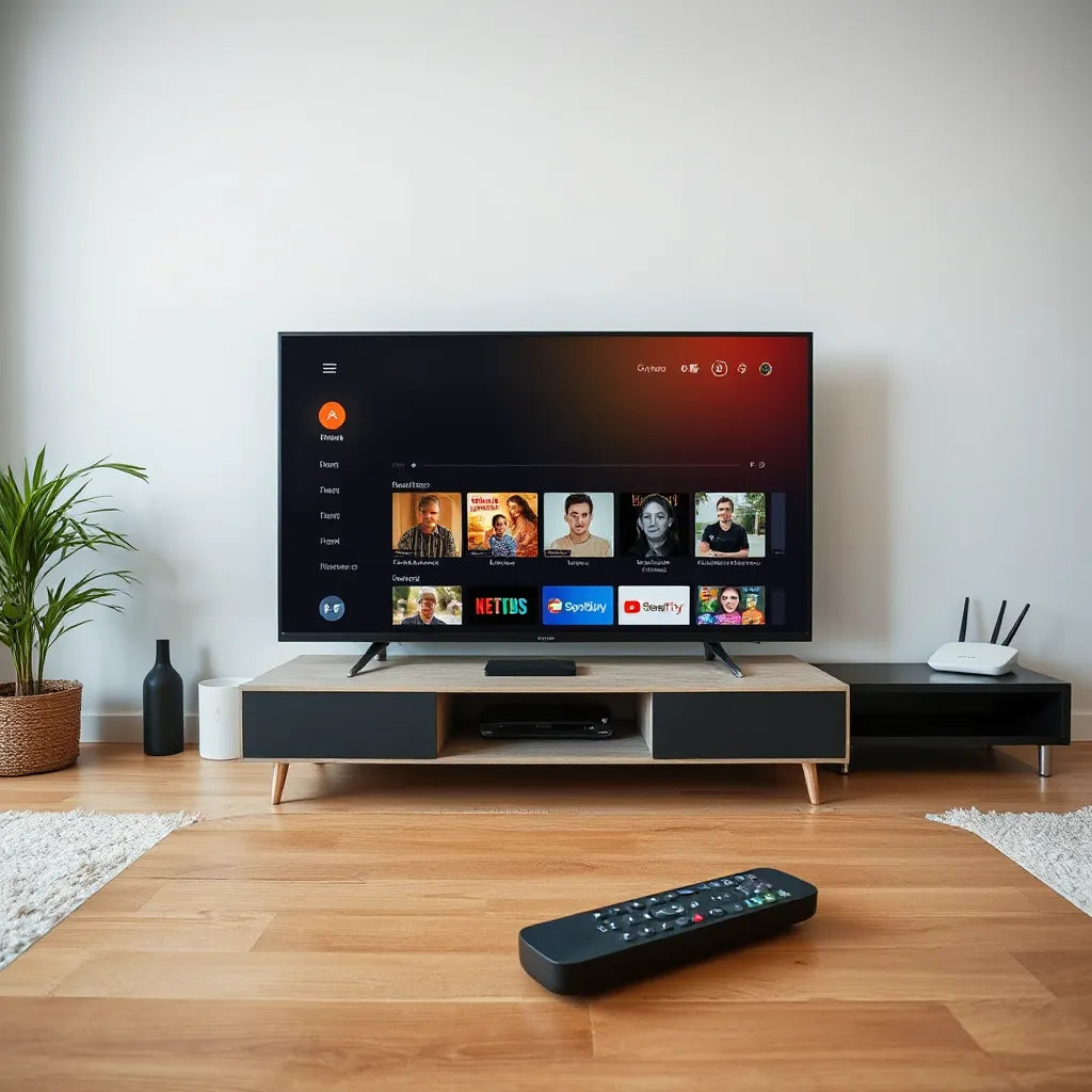Smart TV in a living room showing a generic streaming interface with a remote nearby