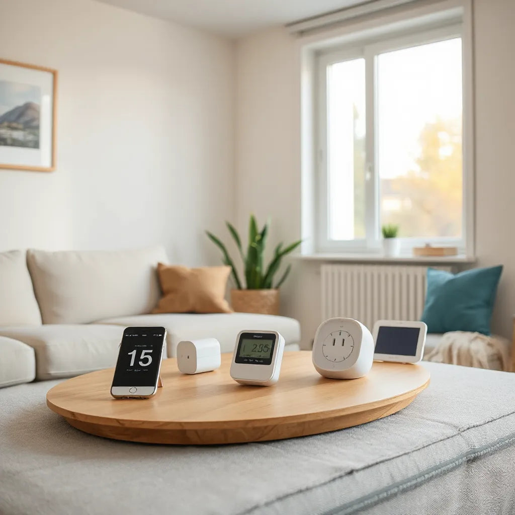 Eco-friendly smart devices and an air quality monitor placed in a sunlit modern living room