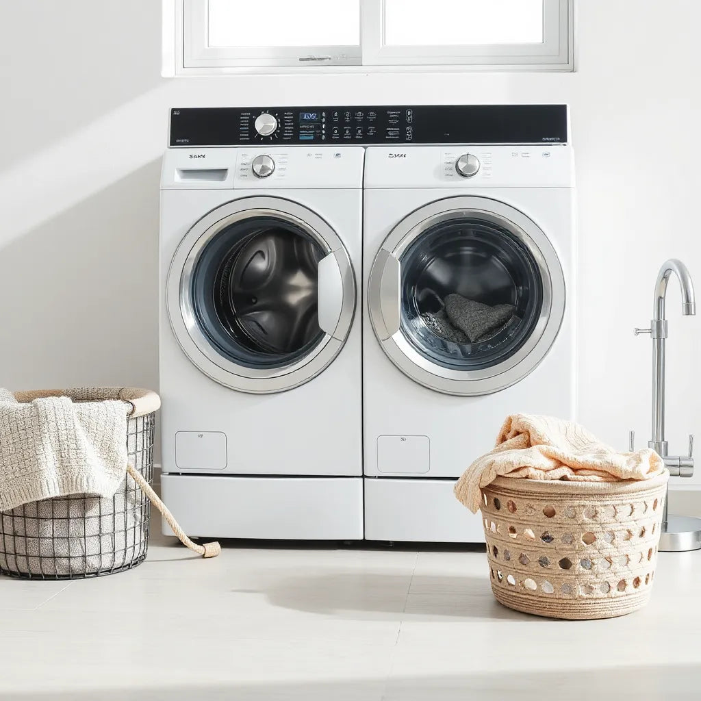 Semi-automatic washing machine with two compartments in a bright laundry room