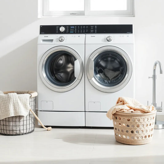 Semi-automatic washing machine with two compartments in a bright laundry room