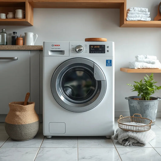 Front view of a modern fully automatic washing machine with neatly folded towels nearby