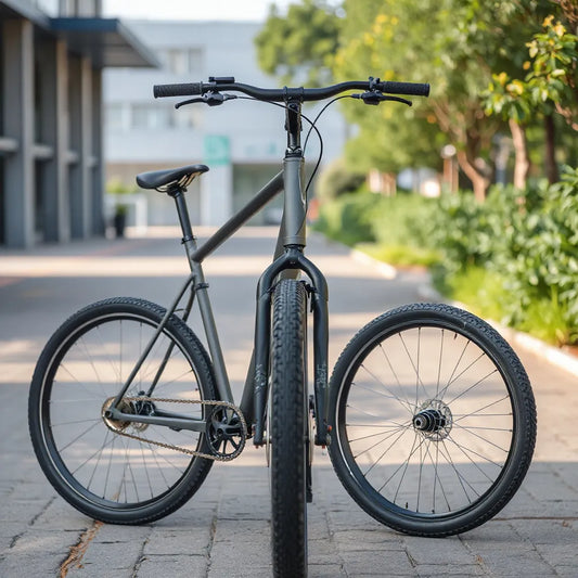 Durable steel frame bicycle with visible metal frame and smooth tires in daylight outdoors