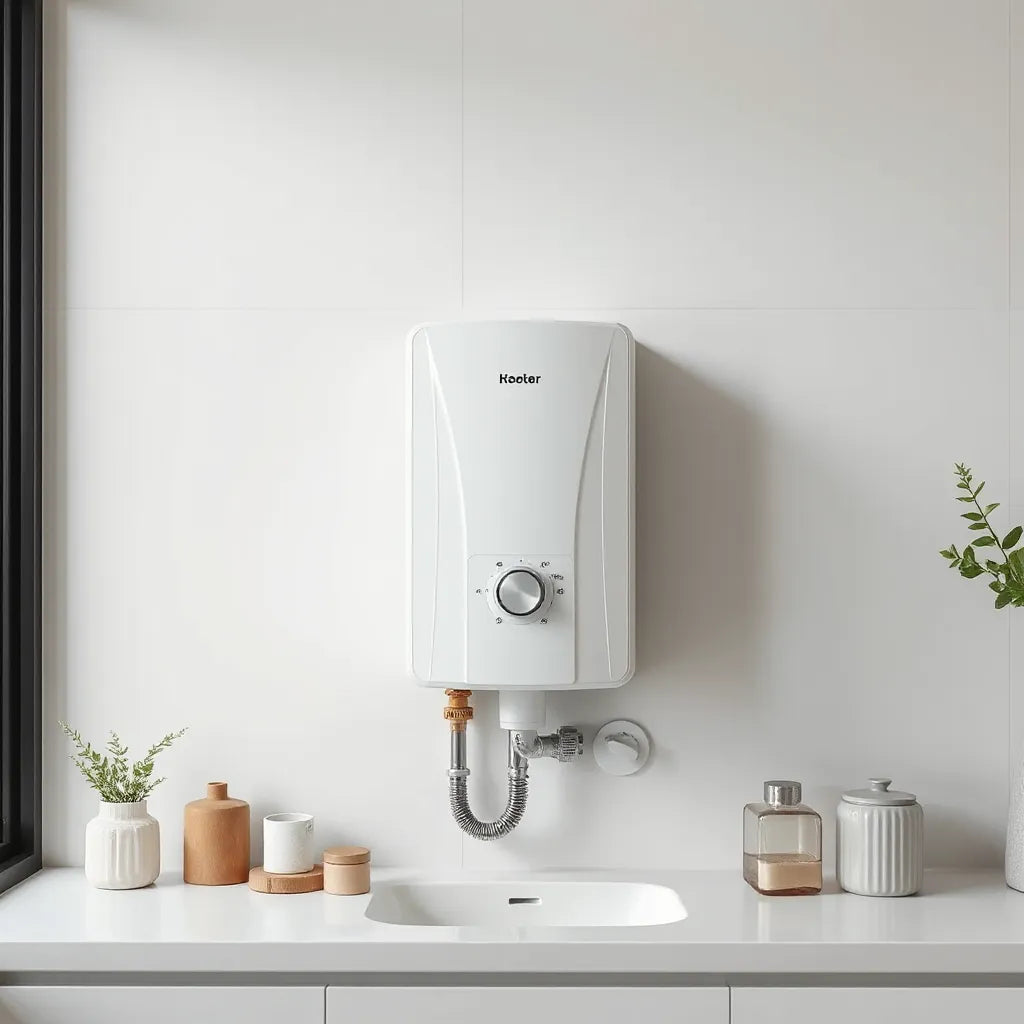 Wall-mounted 15L water heater geyser with visible piping in a clean home utility room