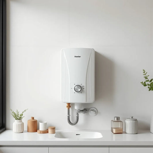 Wall-mounted 15L water heater geyser with visible piping in a clean home utility room