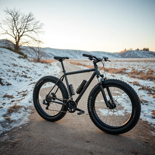 Single speed fat tyre bike standing on a trail with wide knobby tires and mountain scenery in the background