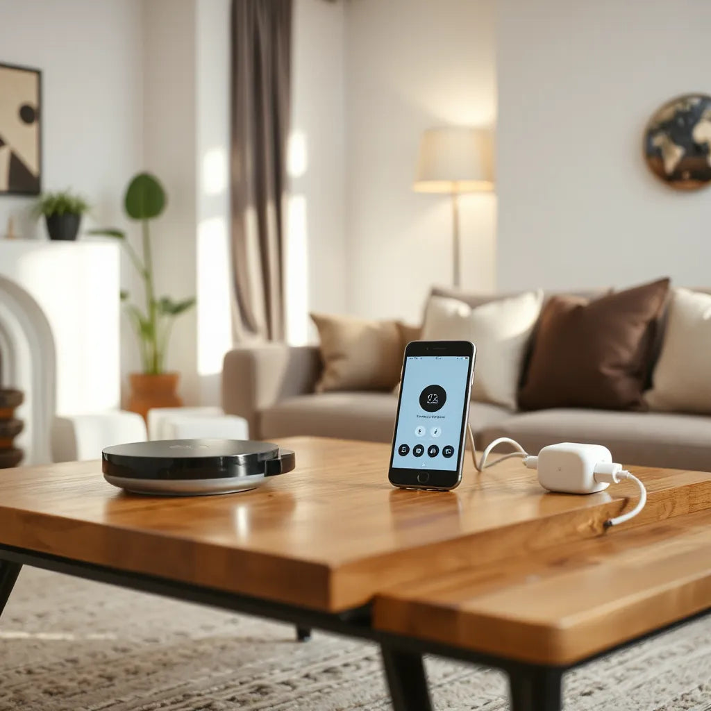 Smart home hub, sensors, and smart plug on a coffee table with a phone controlling the system