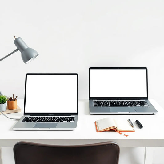 Budget laptops on a clean desk with a charger and notebook for a simple home office setup