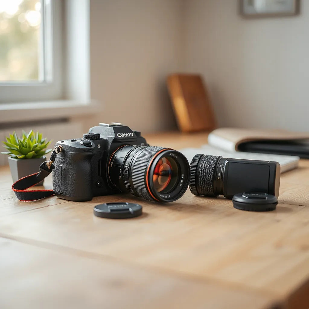 Camera with a zoom lens and accessories on a clean desk under soft natural light
