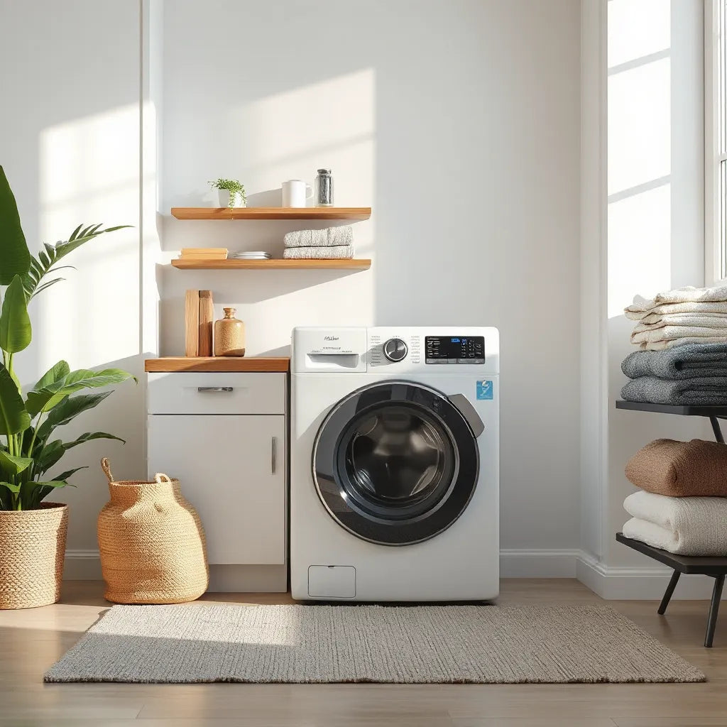 Modern front-loading fully automatic washing machine in a bright laundry room with folded clean laundry nearby