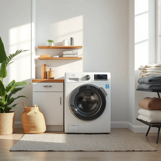 Modern front-loading fully automatic washing machine in a bright laundry room with folded clean laundry nearby