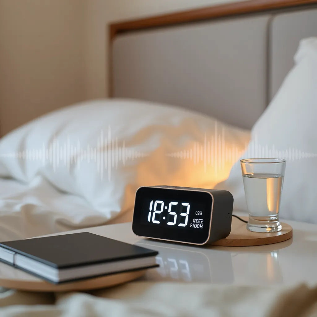 Modern smart clock on a bedside table emitting soft light ripples around it