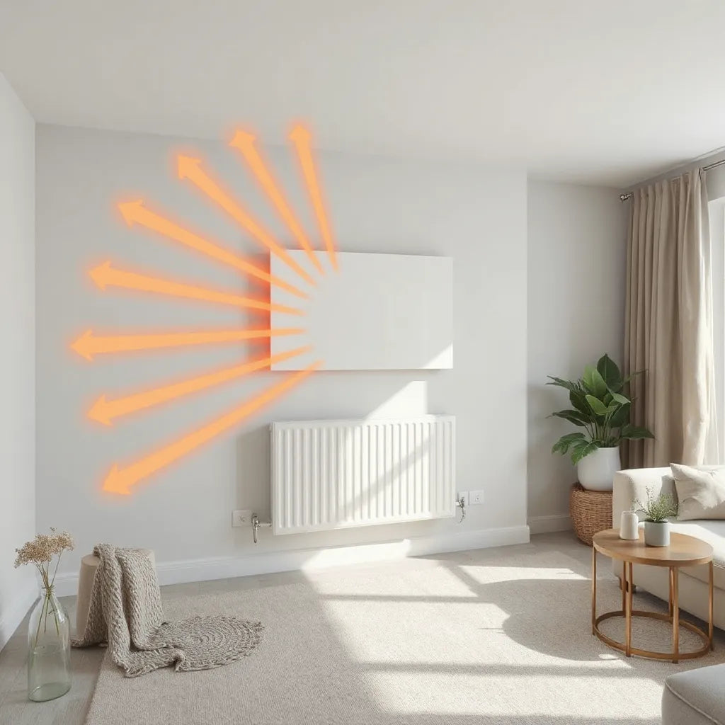 Modern wall radiator with warm light radiating evenly across a cozy living room