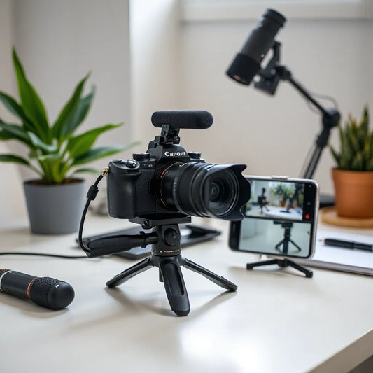 Mirrorless camera on tripod with microphone and LED light on a clean content creator desk