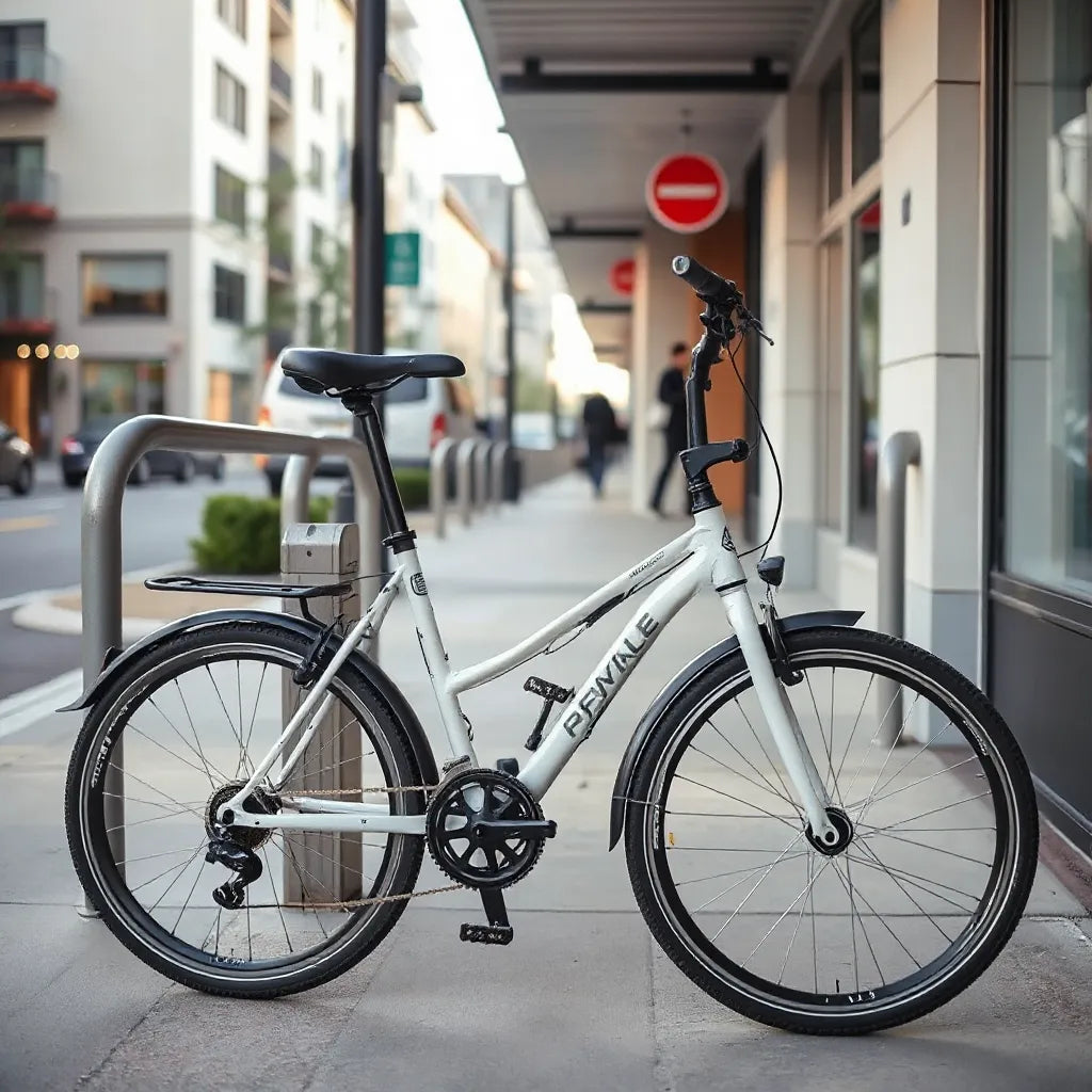 Lightweight folding bike with compact frame and visible hinge parked in a clean city setting