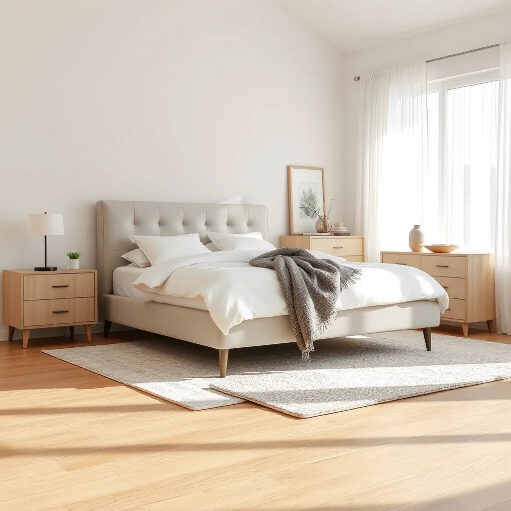Modern bedroom with neutral stylish bed, nightstand lamp, and dresser in warm natural light
