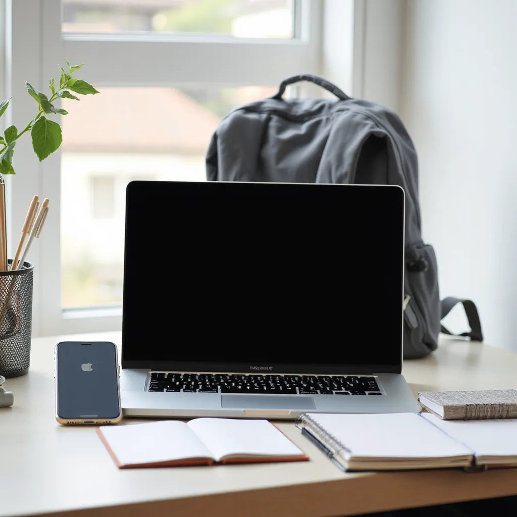 Student laptop setup on a desk with notebook and backpack in natural light
