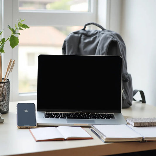 Student laptop setup on a desk with notebook and backpack in natural light