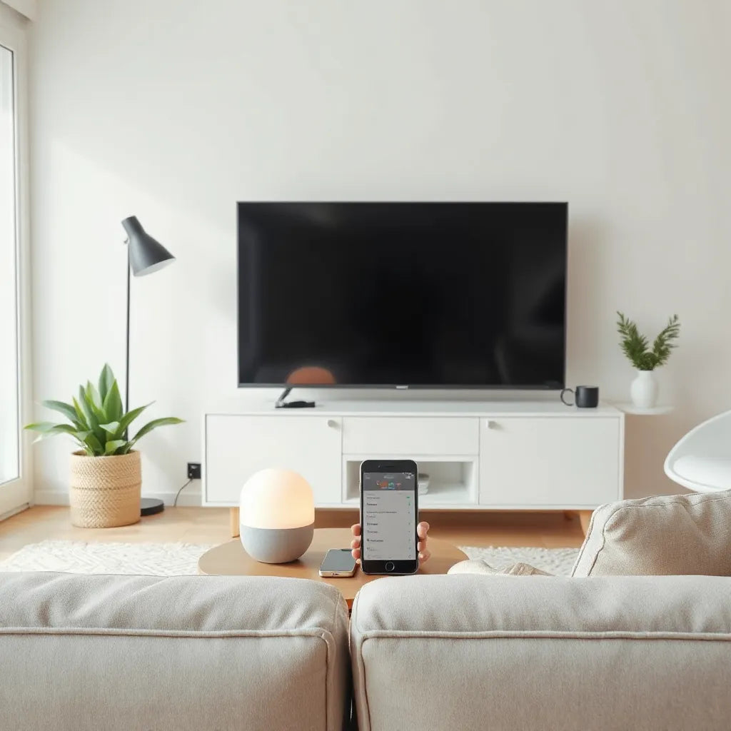 Modern living room with a smart TV showing connected device setup glow and implied voice assistant interaction