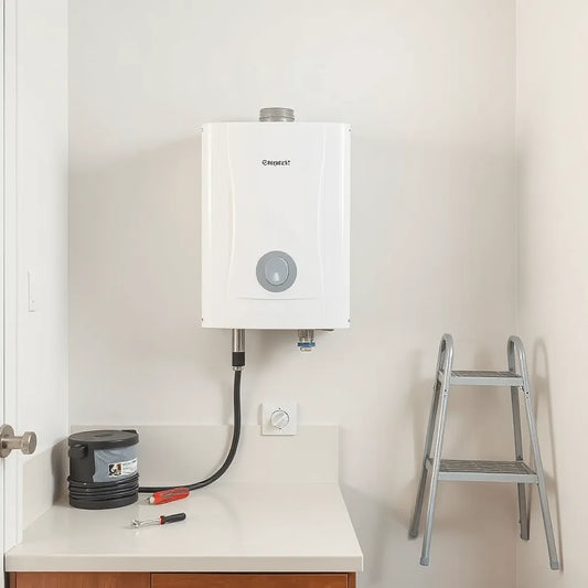 Compact wall-mounted water heater with installation tools and connected pipes in a clean utility room