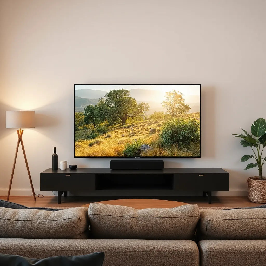 Modern living room with a wall-mounted 4K TV displaying a crisp nature scene and warm ambient lighting.