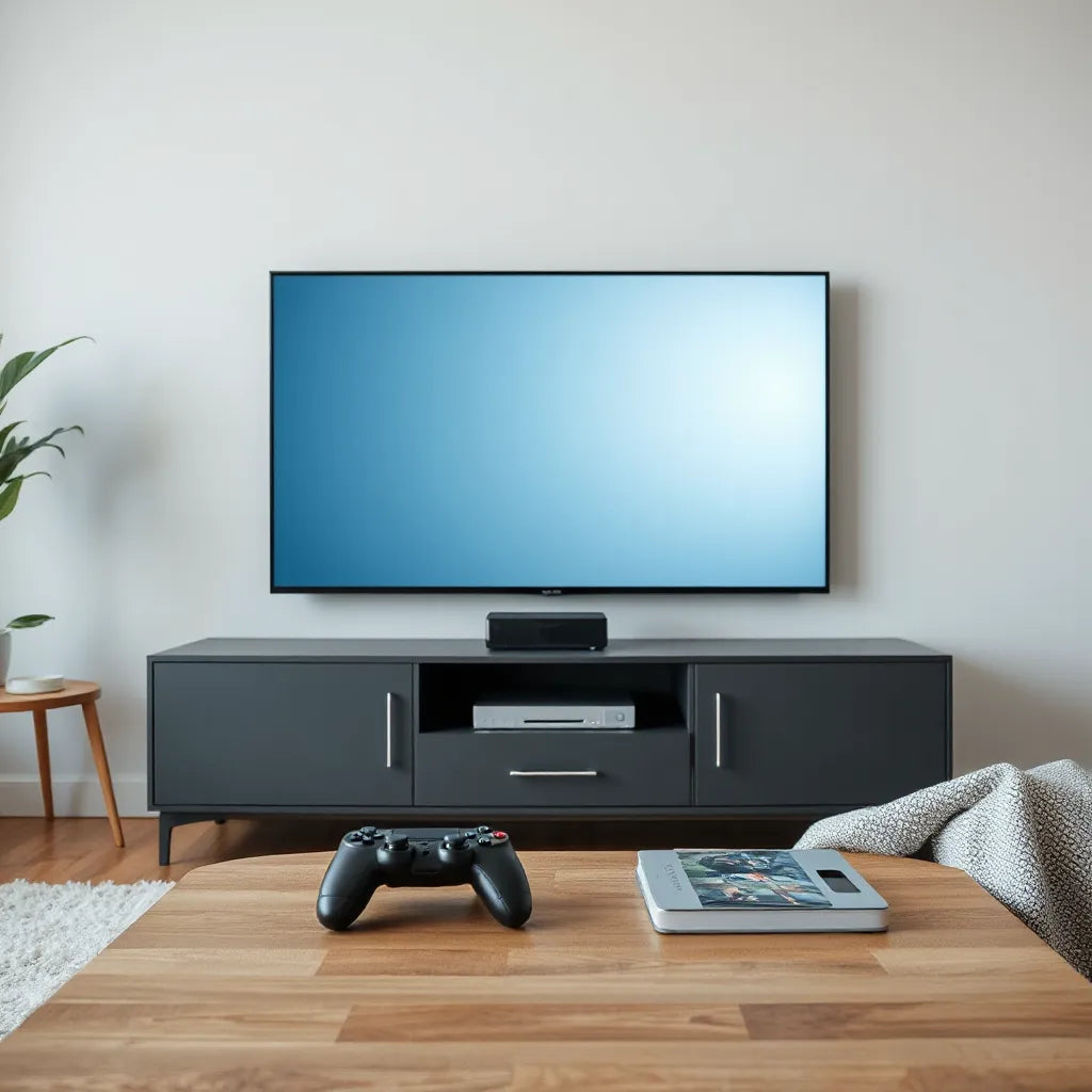 Modern living room with a large smart TV, streaming glow, and a game controller on a coffee table