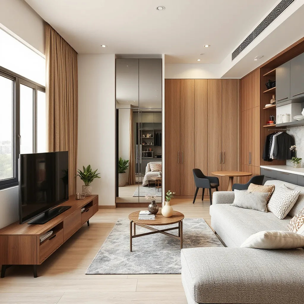 Modern living room with a TV unit, mirrored wardrobe, and sleek modular kitchen cabinets