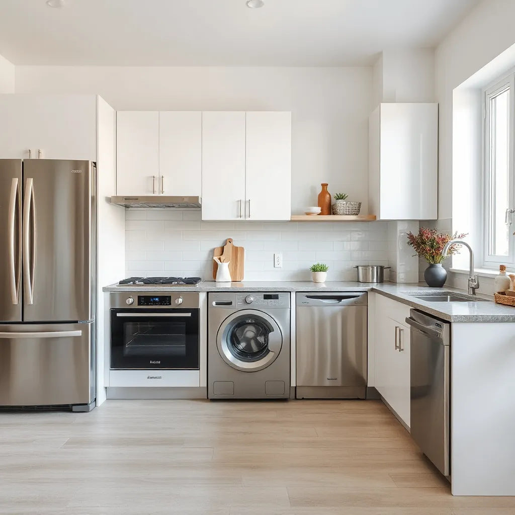 Modern kitchen and laundry appliances with stainless steel refrigerator, washer, dishwasher, and cooktop in soft daylight.