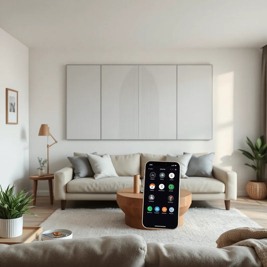 Smart hub and smartphone controlling thermostat lighting and security camera in a modern living room