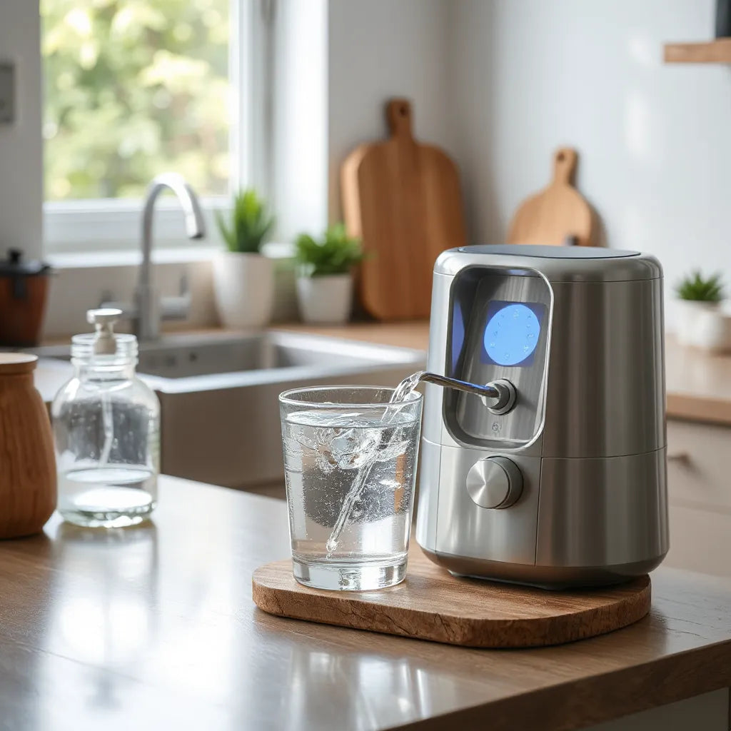 Modern water purifier filling a glass with clear water on a clean kitchen countertop