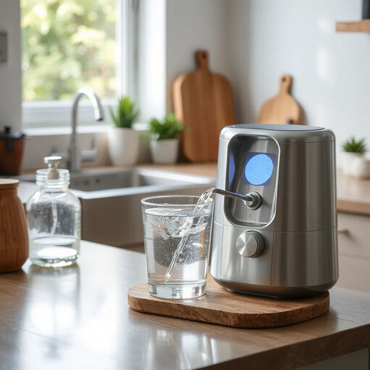 Modern water purifier filling a glass with clear water on a clean kitchen countertop