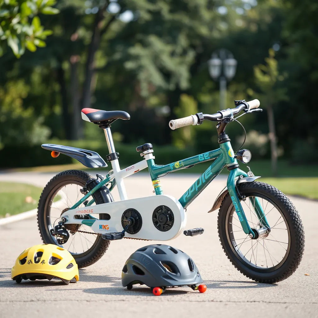 Kids bicycle with training wheels, helmet, and safety features in a sunny park setting