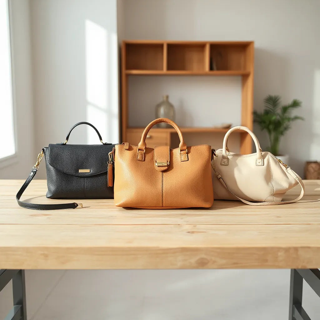 Three stylish women’s handbags in neutral tones on a light wood table with soft daylight.