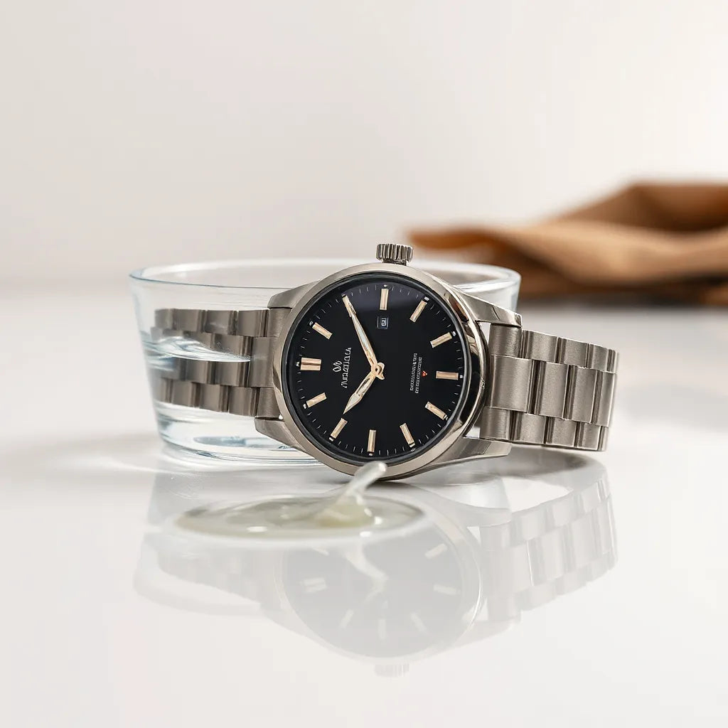 Water-resistant men’s watch with a dark dial beside water droplets on a clean surface