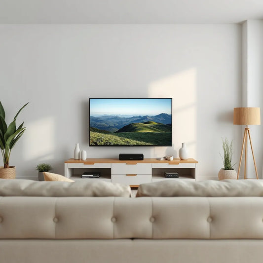 Large 4K flat-screen TV in a modern living room with crisp, detailed on-screen scenery