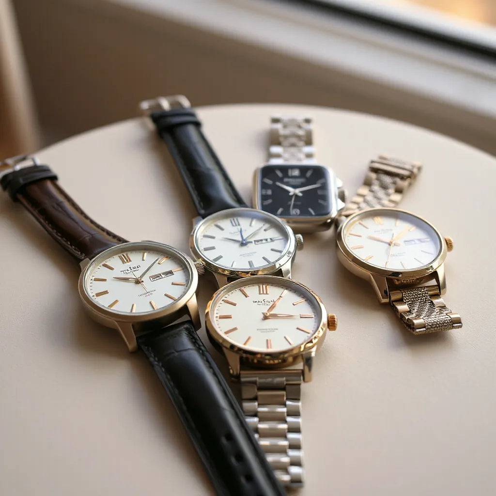 Classic analog watches with metal straps and varied dials arranged under soft natural light