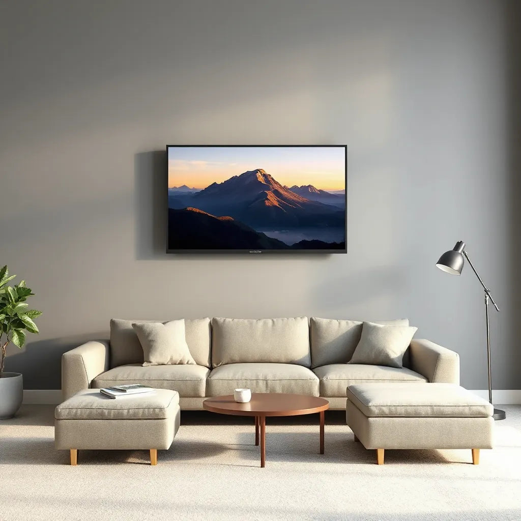 Wall-mounted 65-inch TVs in a modern living room, showcasing cinematic 4K and OLED-style contrast