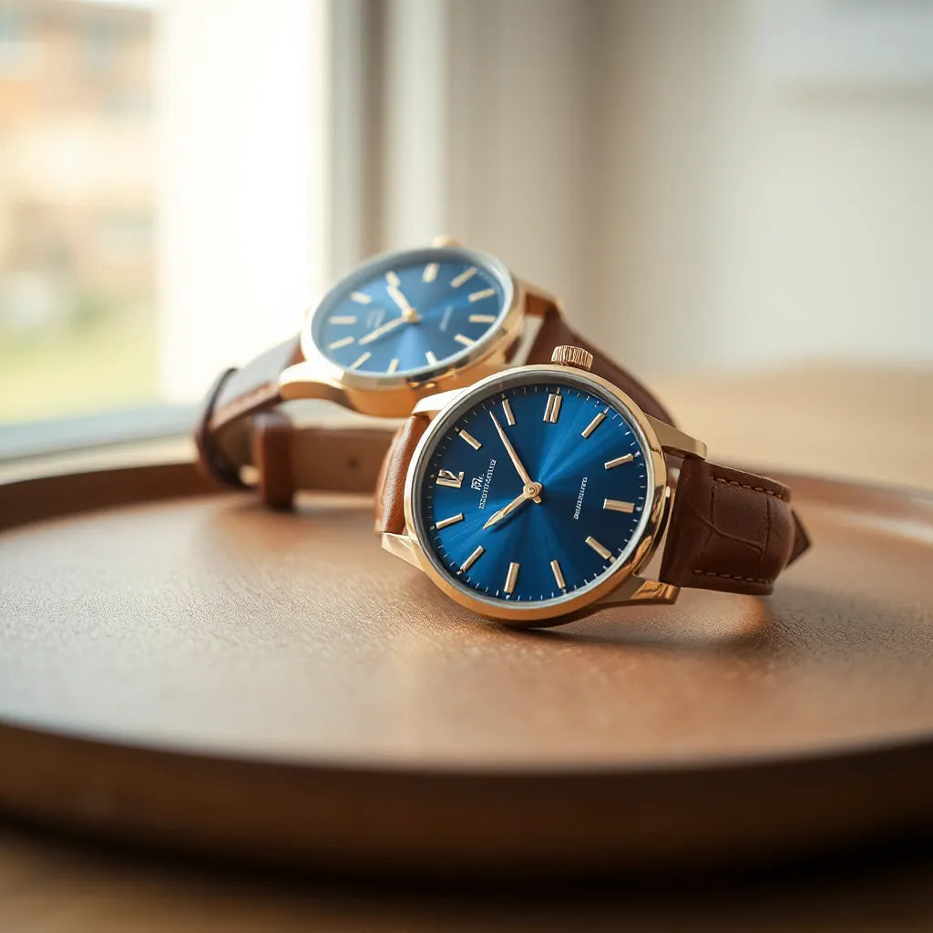 Classic blue dial watch with gold indices on a brown leather strap in soft natural light