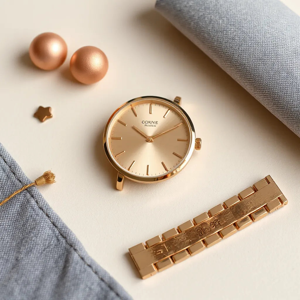Rose gold stainless steel band watch resting on a light neutral background with soft reflections