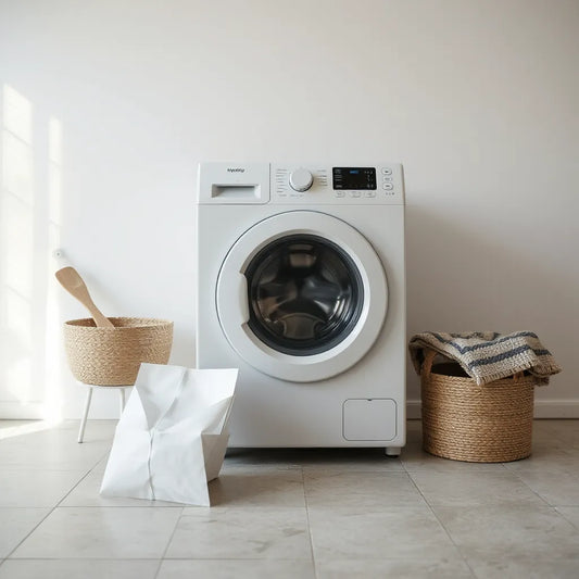 Sturdy front-loading washing machine in a bright laundry room with warranty booklet folder nearby