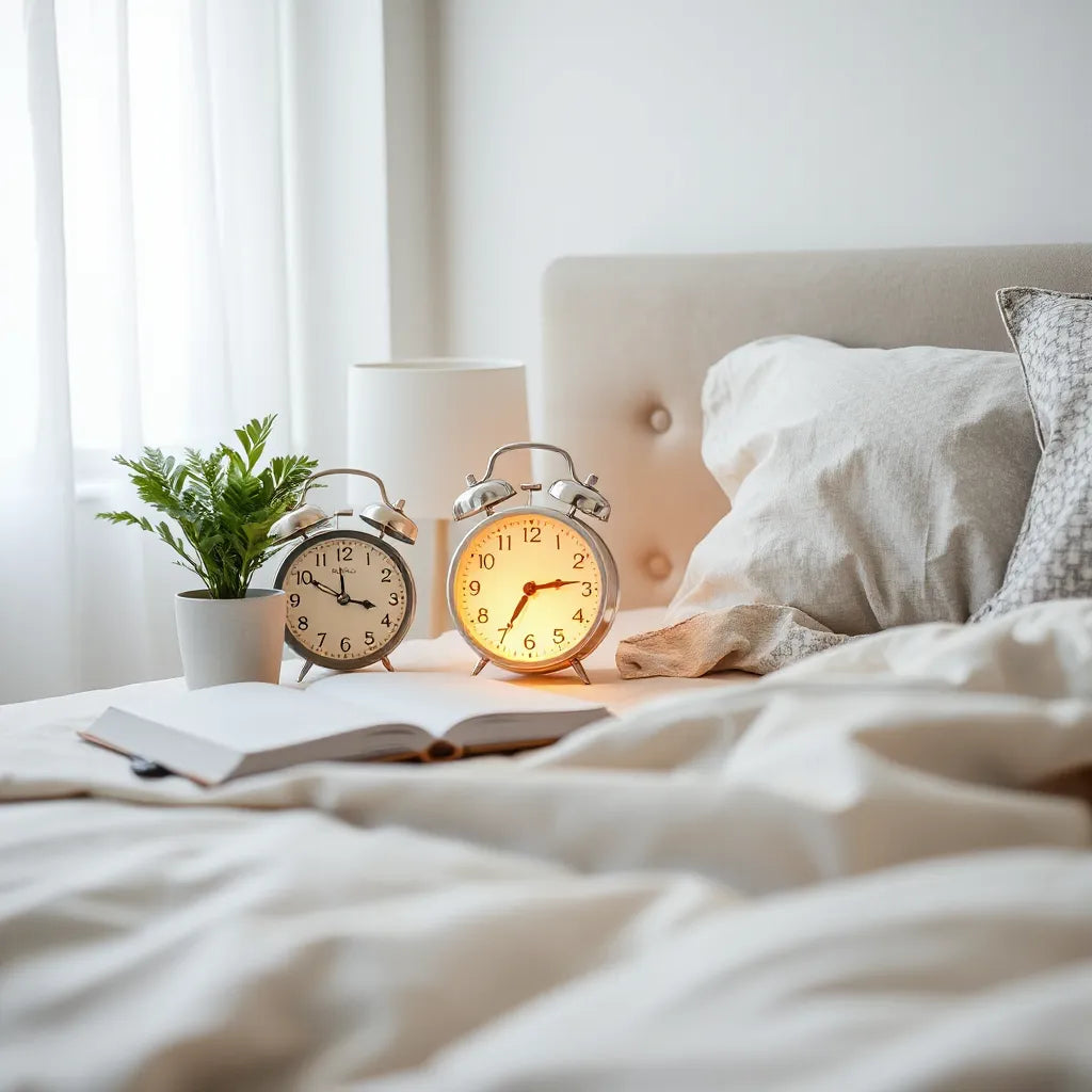 Stylish alarm clock on a nightstand with warm glow, book, and small plant in a minimalist bedroom