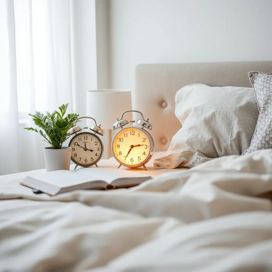 Stylish alarm clock on a nightstand with warm glow, book, and small plant in a minimalist bedroom