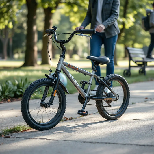 Child’s bicycle with training wheels beside a sidewalk, with adjustable seat and frame clearly visible