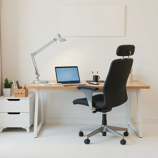 A tidy home office desk setup with laptop, ergonomic chair, lamp, and organized accessories for focused work