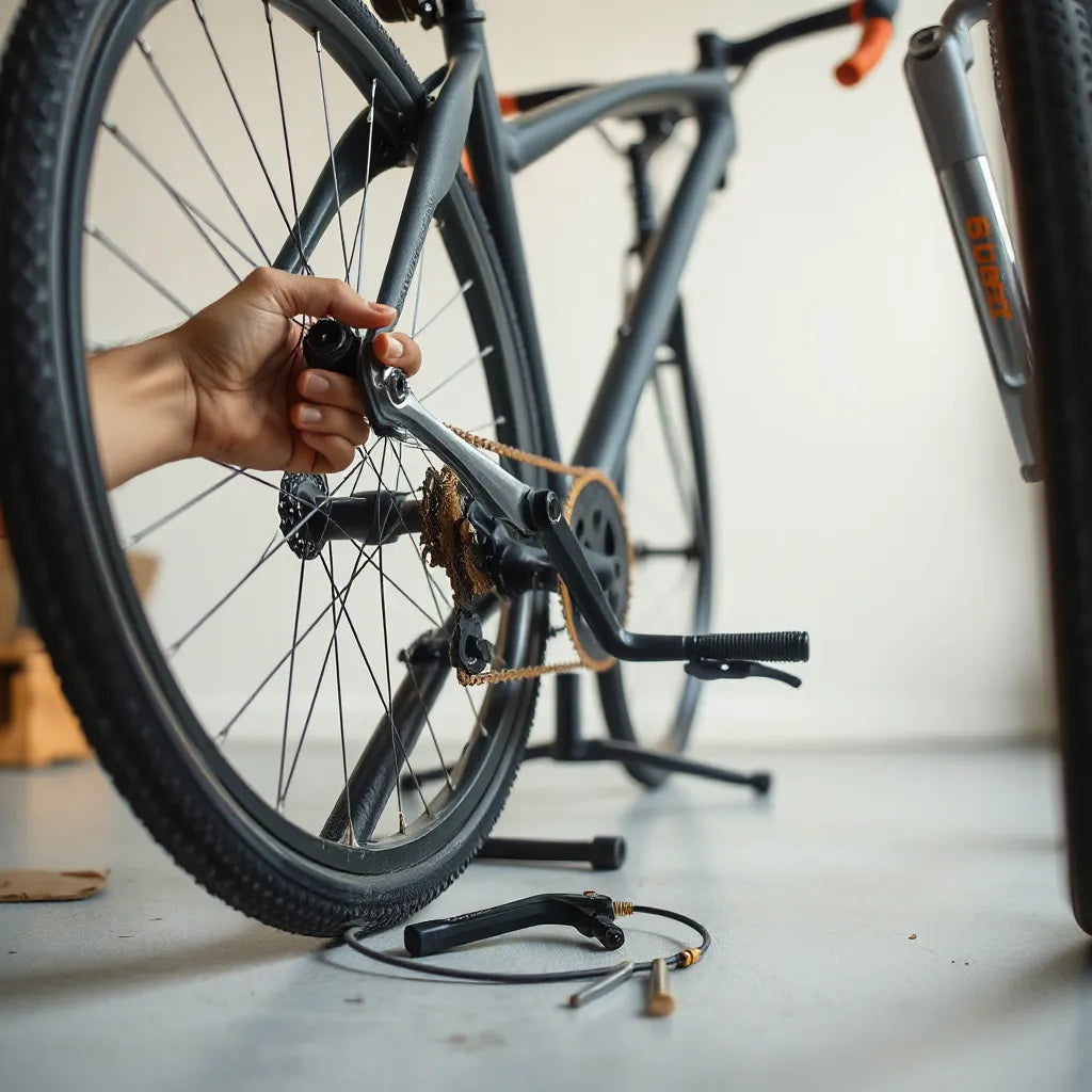 Hands tightening bolts on a semi assembled bicycle with wheels and tools laid out nearby