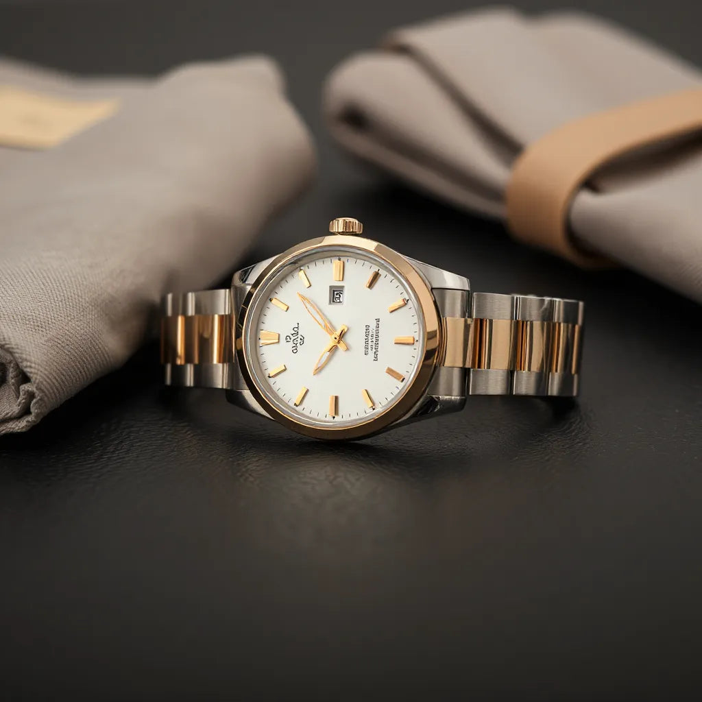 Two-tone stainless steel wristwatch with silver and gold bracelet and smooth reflective finish