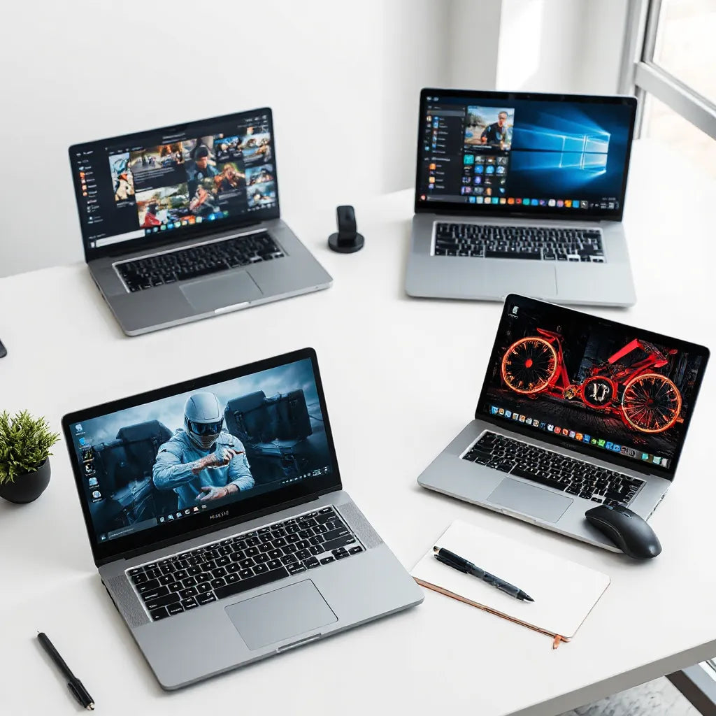 Multiple modern laptops on a tidy desk with bright screens and a neutral workspace setting