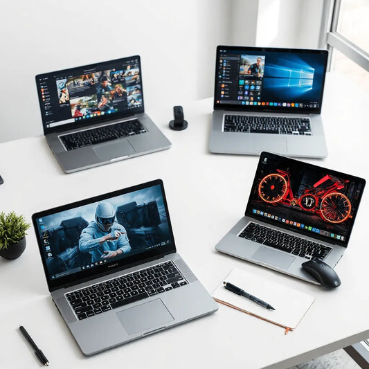 Multiple modern laptops on a tidy desk with bright screens and a neutral workspace setting