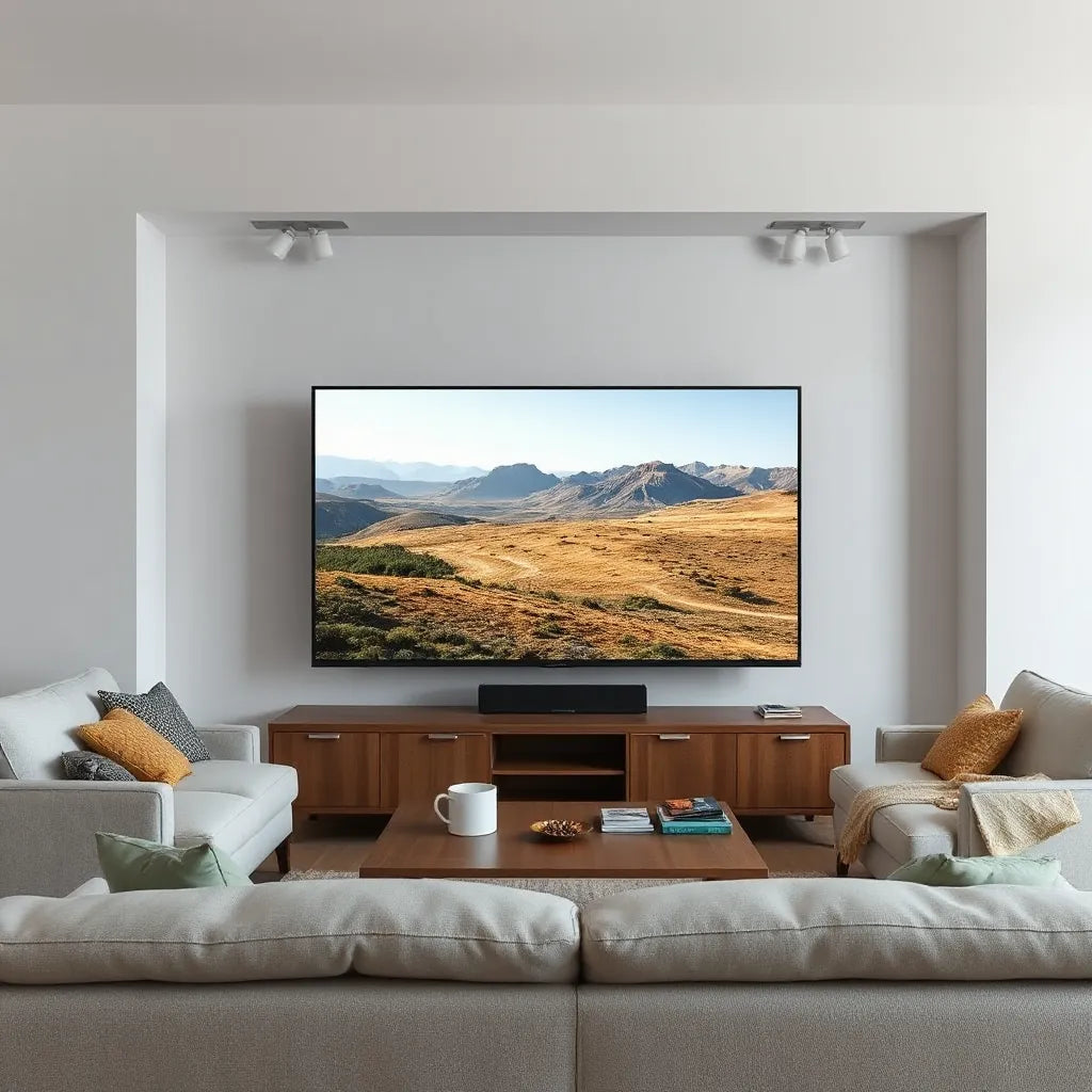 Large flat-screen smart TV on a modern living room wall showing crisp 4K content with warm ambient lighting